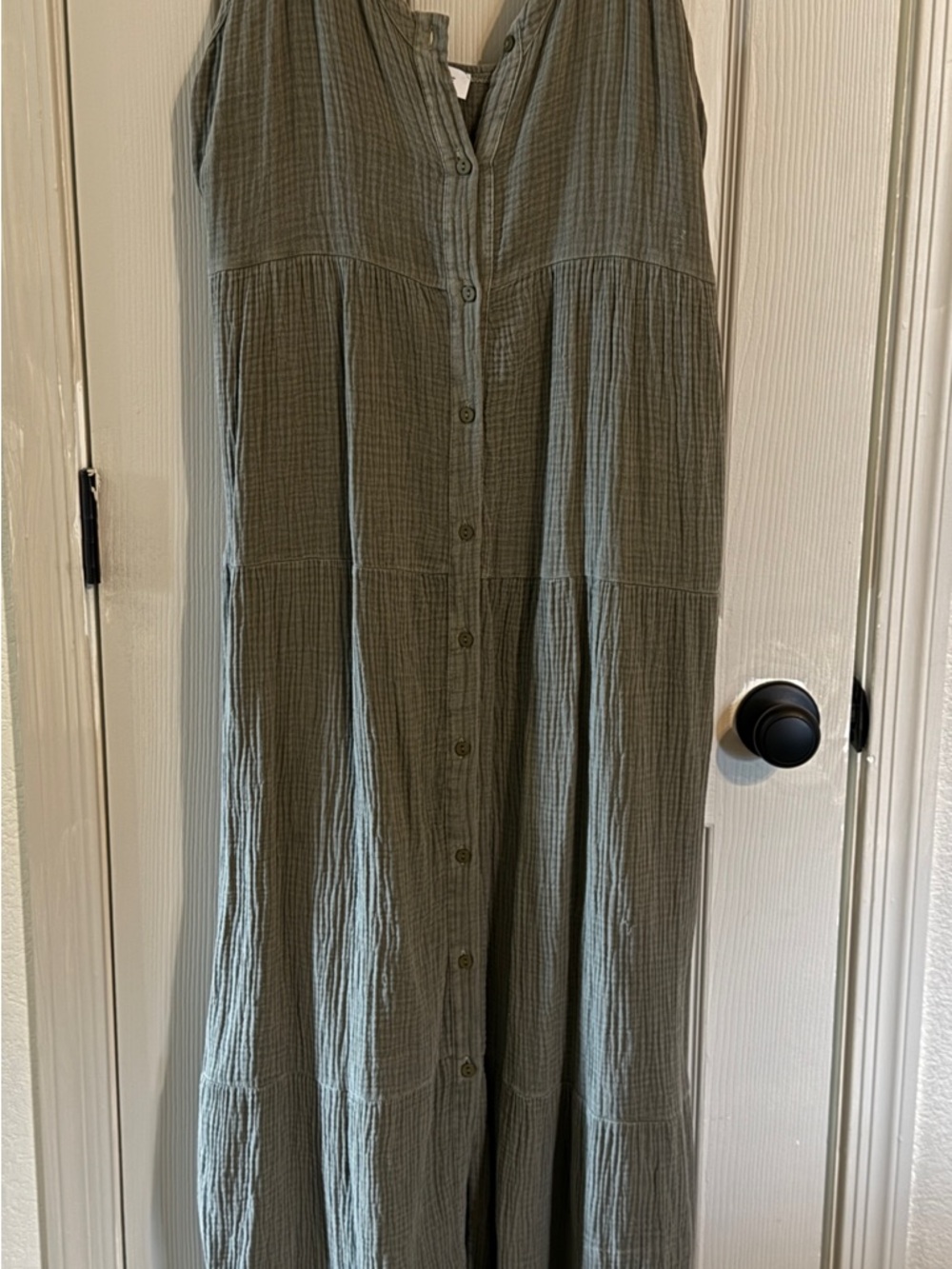 Evereve 100% Cotton Olive Green Button-Front Tiered Maxi Dress